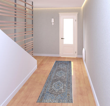 4' X 6' Blue Gray And Gold Floral Stain Resistant Area Rug