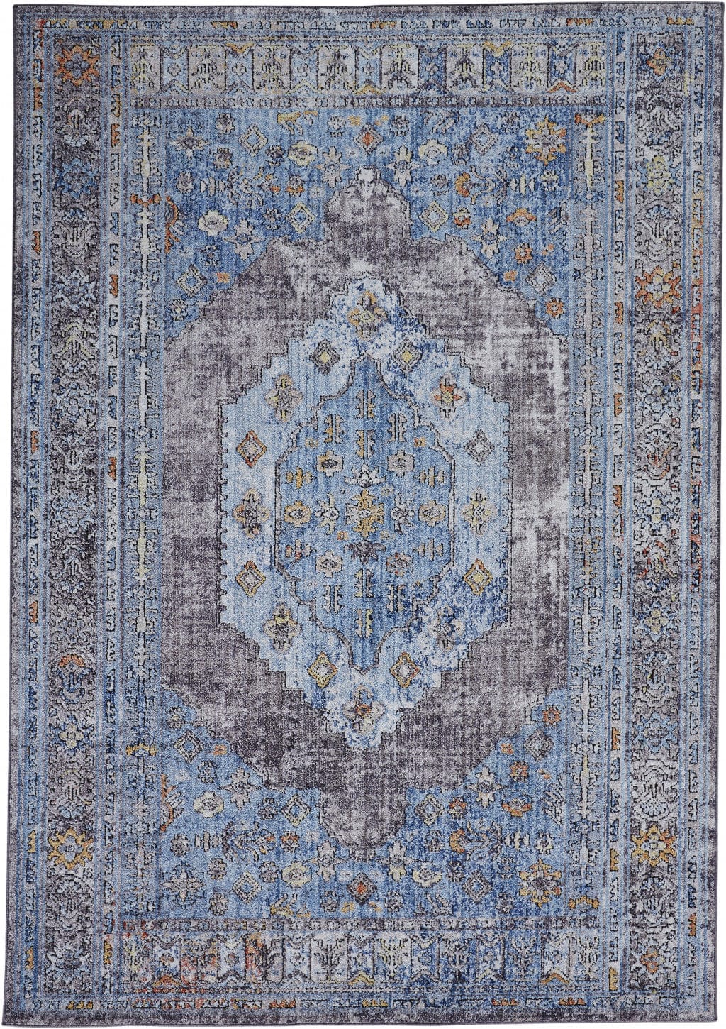 4' X 6' Blue Gray And Gold Floral Stain Resistant Area Rug