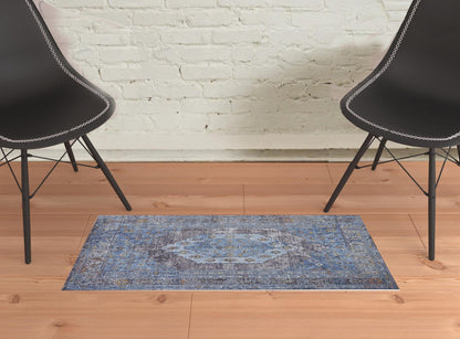 4' X 6' Blue Gray And Gold Floral Stain Resistant Area Rug