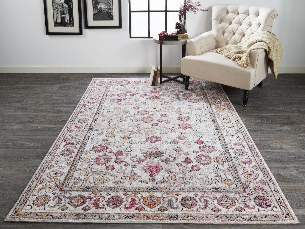 4' X 6' Ivory Pink And Gray Floral Stain Resistant Area Rug