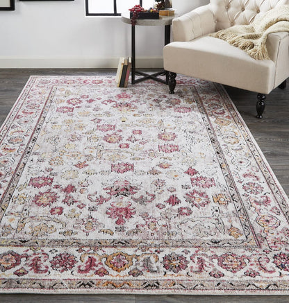 4' X 6' Ivory Pink And Gray Floral Stain Resistant Area Rug