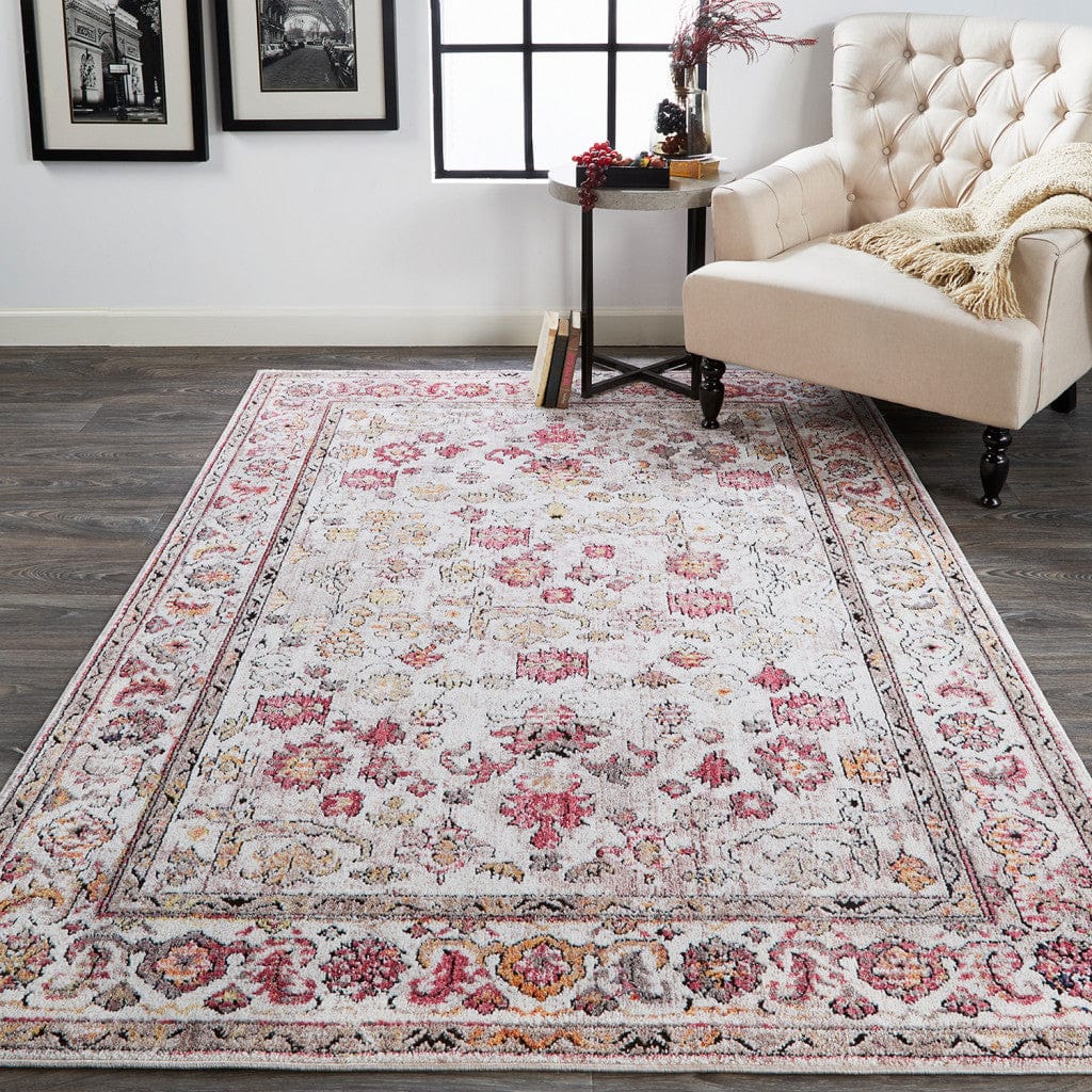 4' X 6' Ivory Pink And Gray Floral Stain Resistant Area Rug