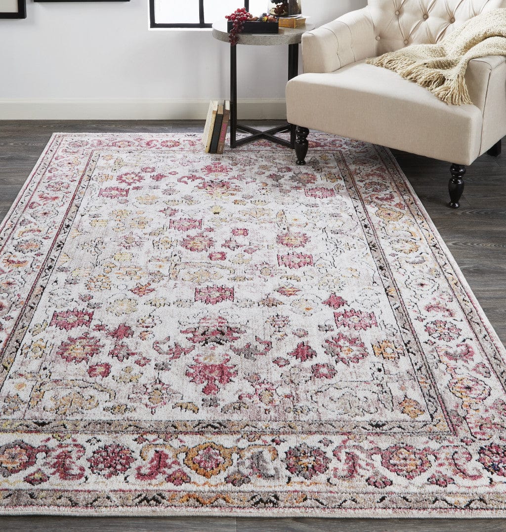 4' X 6' Ivory Pink And Gray Floral Stain Resistant Area Rug