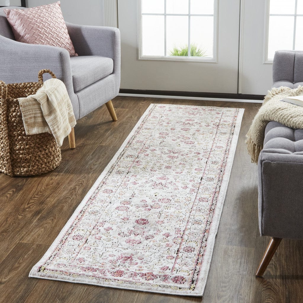 4' X 6' Ivory Pink And Gray Floral Stain Resistant Area Rug