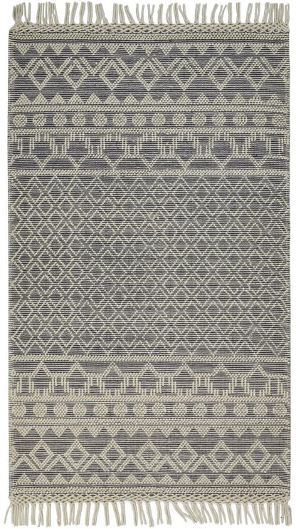 4' X 6' Gray And Ivory Wool Geometric Hand Woven Area Rug With Fringe