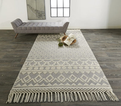 4' X 6' Gray And Ivory Wool Geometric Hand Woven Area Rug With Fringe