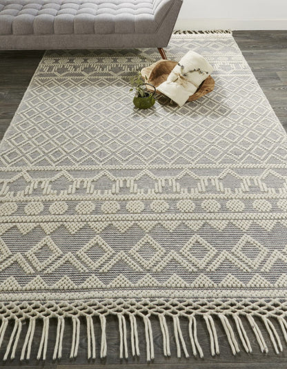 4' X 6' Gray And Ivory Wool Geometric Hand Woven Area Rug With Fringe