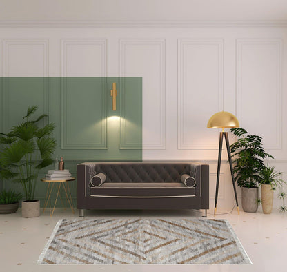 4' X 6' Ivory Gray And Tan Geometric Hand Woven Stain Resistant Area Rug With Fringe