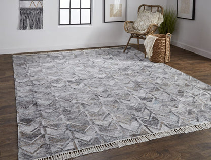 4' X 6' Gray Silver And Taupe Geometric Hand Woven Stain Resistant Area Rug With Fringe