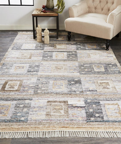 4' X 6' Gray Taupe And Tan Geometric Hand Woven Stain Resistant Area Rug With Fringe
