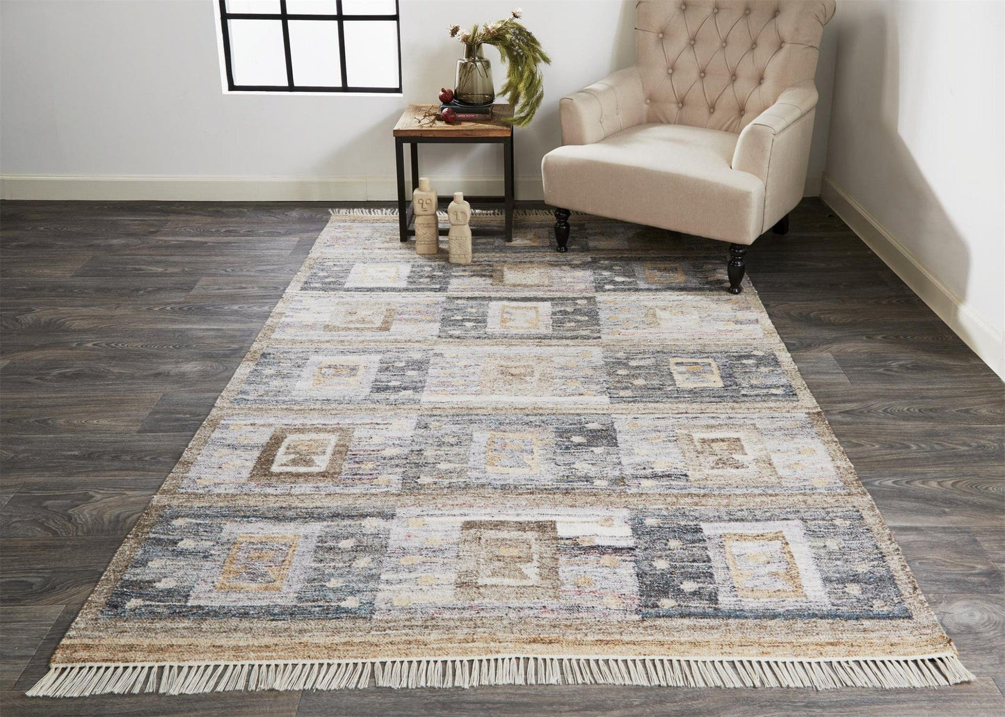 4' X 6' Gray Taupe And Tan Geometric Hand Woven Stain Resistant Area Rug With Fringe