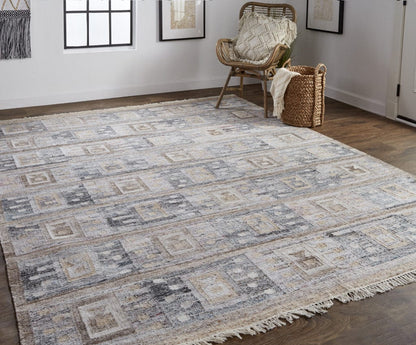 4' X 6' Gray Taupe And Tan Geometric Hand Woven Stain Resistant Area Rug With Fringe