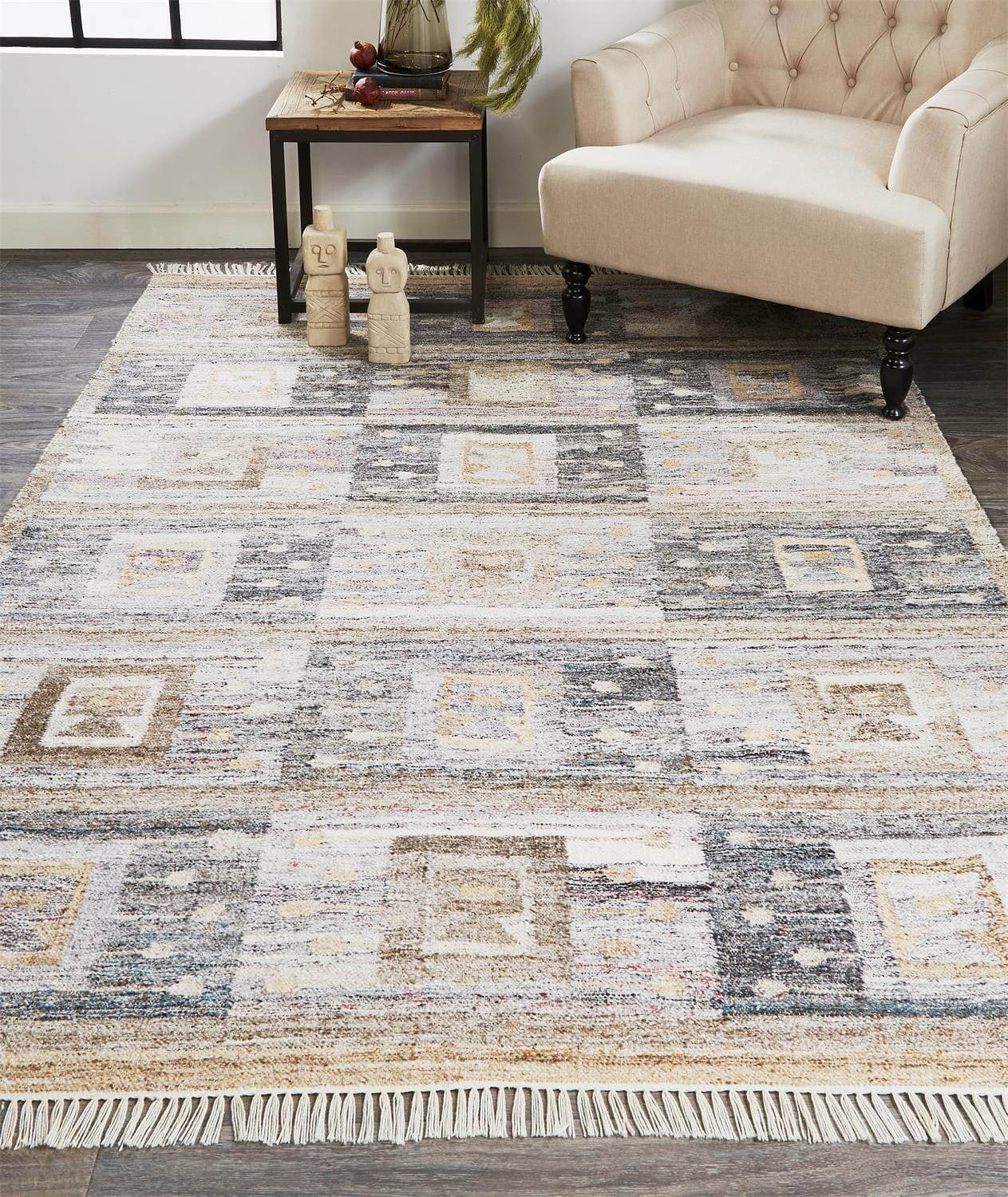4' X 6' Gray Taupe And Tan Geometric Hand Woven Stain Resistant Area Rug With Fringe