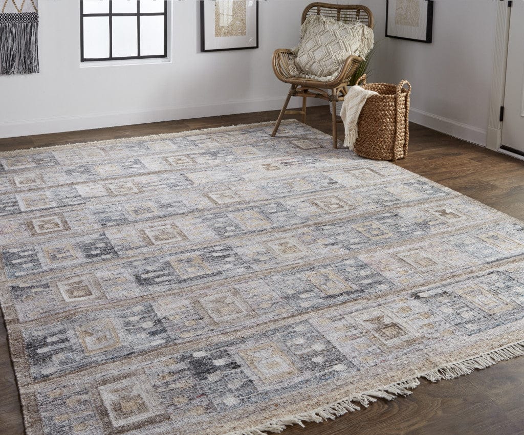 4' X 6' Gray Taupe And Tan Geometric Hand Woven Stain Resistant Area Rug With Fringe