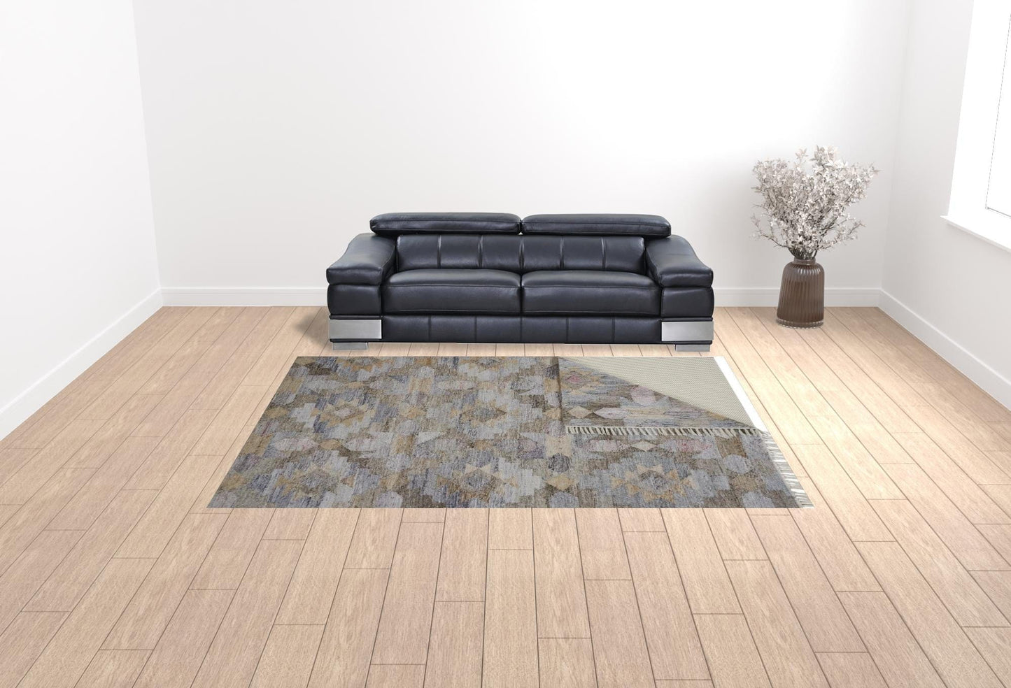 4' X 6' Taupe Gray And Blue Geometric Hand Woven Stain Resistant Area Rug With Fringe