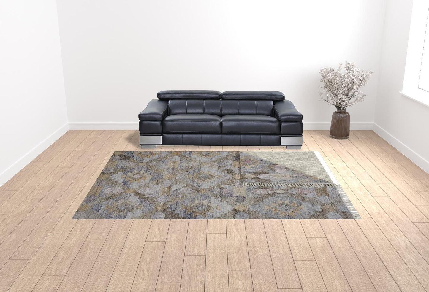 4' X 6' Taupe Gray And Blue Geometric Hand Woven Stain Resistant Area Rug With Fringe