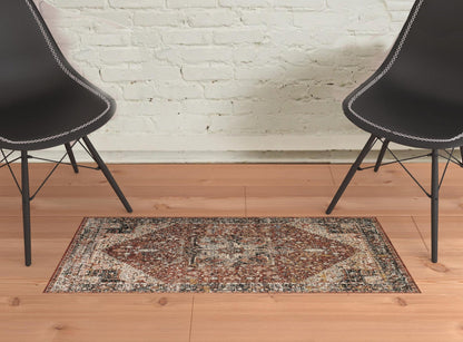 2' X 3' Red Ivory And Black Abstract Distressed Area Rug With Fringe