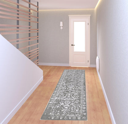 8' X 10' Blue And Silver Wool Floral Tufted Handmade Distressed Area Rug