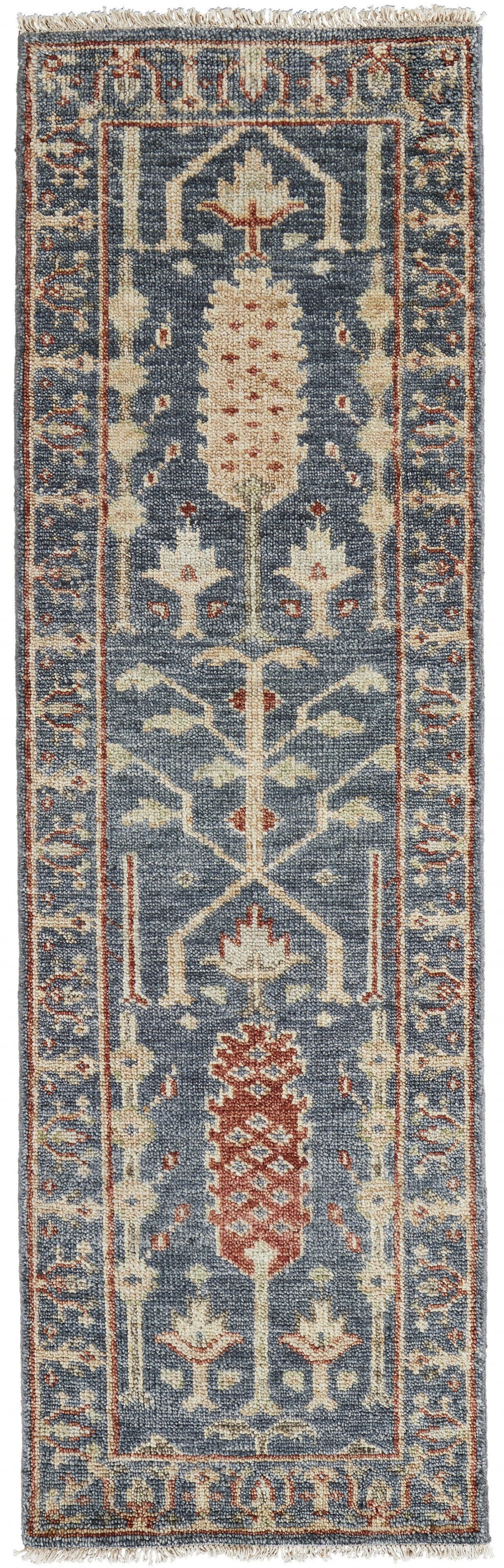 4' X 6' Gray Gold And Red Wool Floral Hand Knotted Stain Resistant Area Rug With Fringe