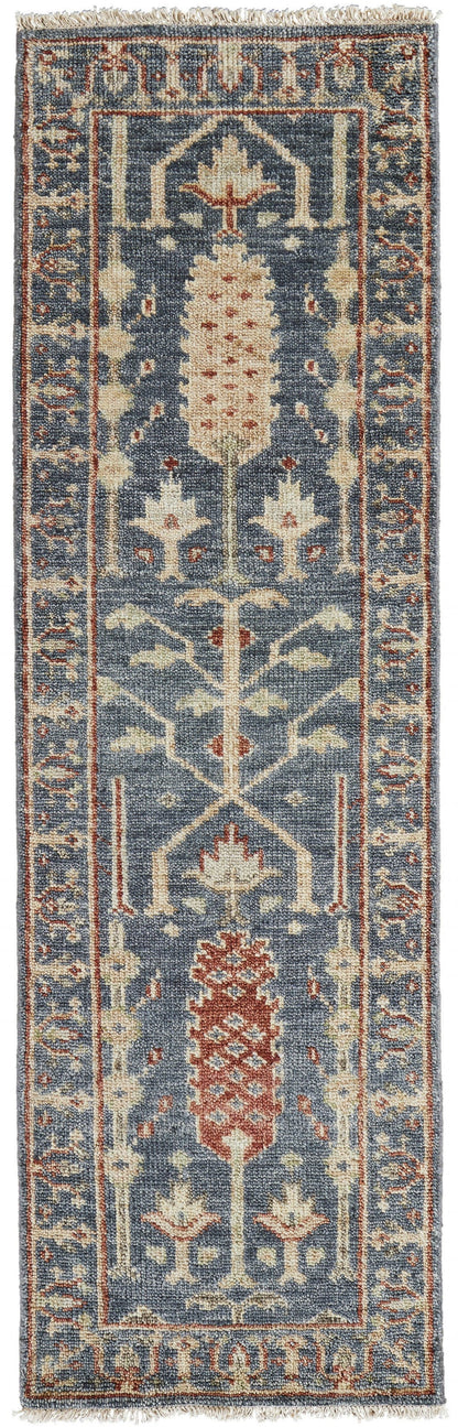 4' X 6' Gray Gold And Red Wool Floral Hand Knotted Stain Resistant Area Rug With Fringe