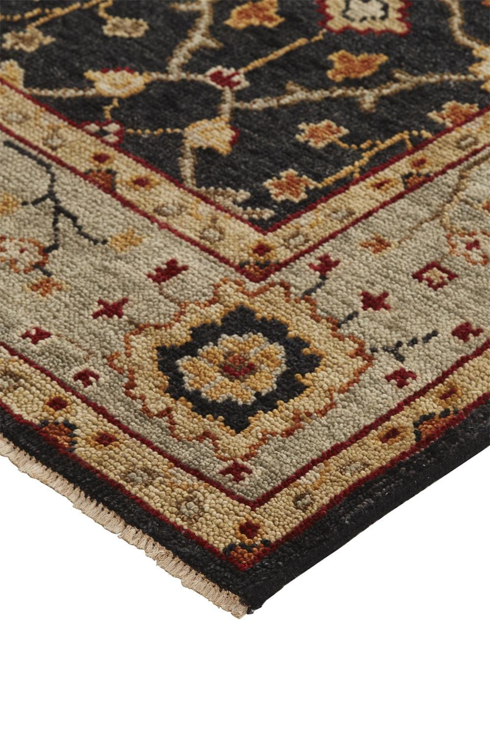 4' X 6' Black Gold And Gray Wool Floral Hand Knotted Stain Resistant Area Rug With Fringe