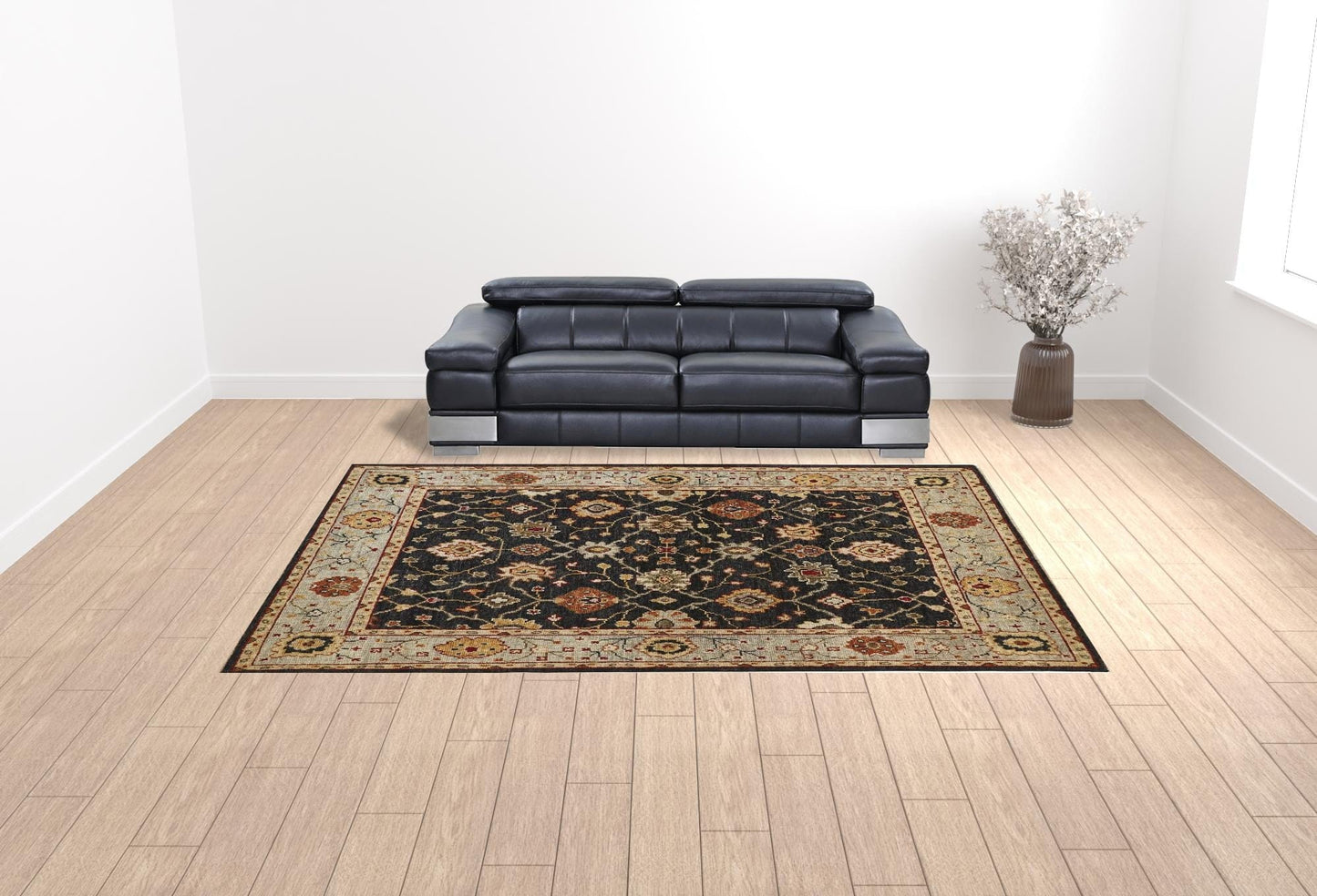 4' X 6' Black Gold And Gray Wool Floral Hand Knotted Stain Resistant Area Rug With Fringe