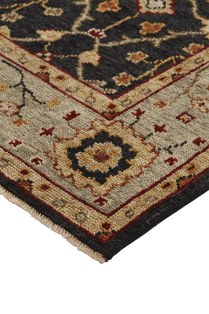 4' X 6' Black Gold And Gray Wool Floral Hand Knotted Stain Resistant Area Rug With Fringe