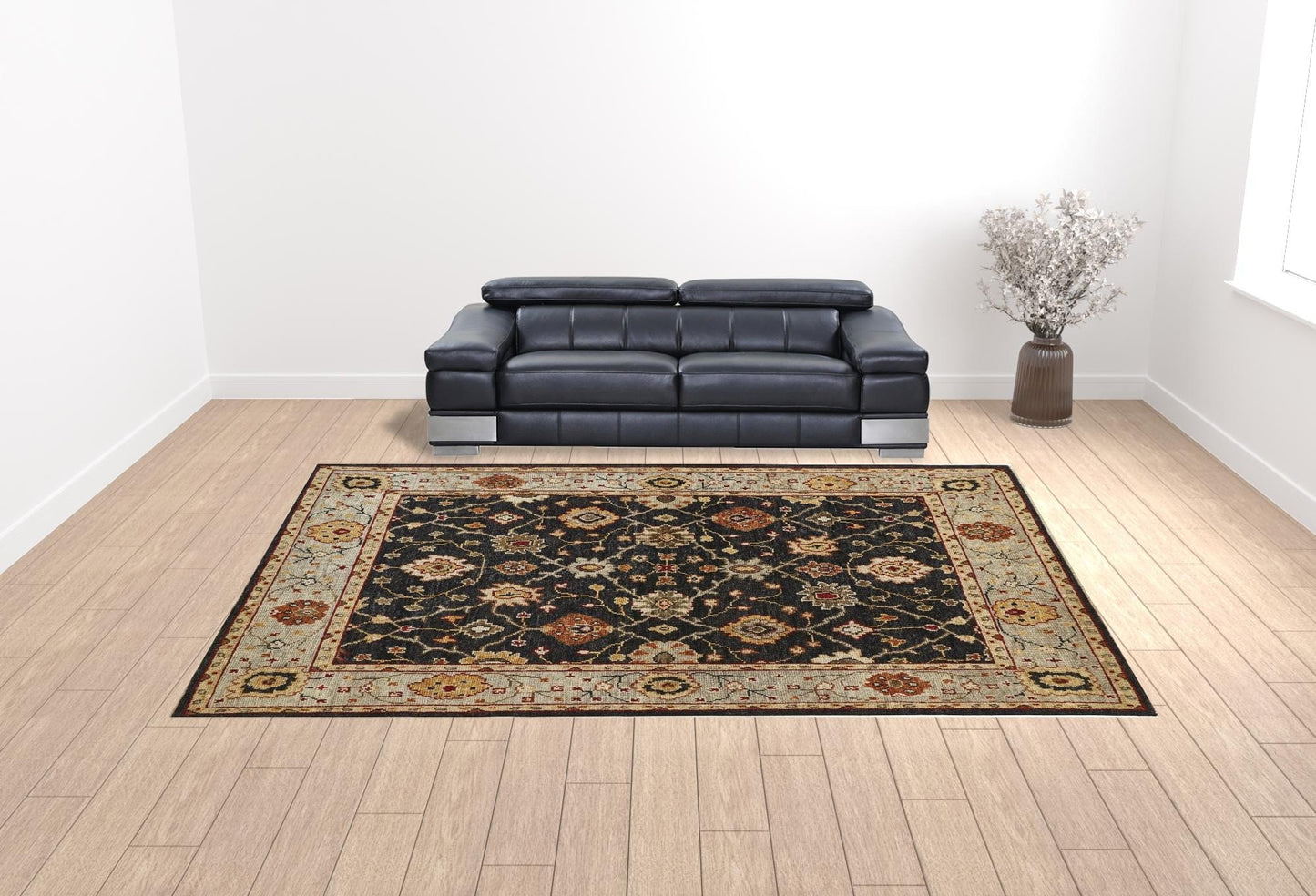 4' X 6' Black Gold And Gray Wool Floral Hand Knotted Stain Resistant Area Rug With Fringe