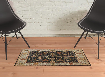 4' X 6' Black Gold And Gray Wool Floral Hand Knotted Stain Resistant Area Rug With Fringe