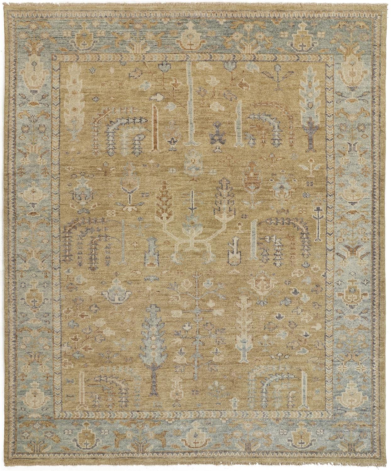 4' X 6' Gold Blue And Gray Wool Floral Hand Knotted Stain Resistant Area Rug With Fringe