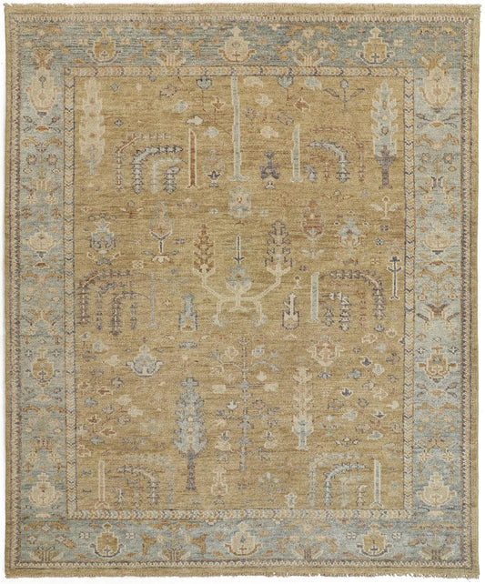 4' X 6' Gold Blue And Gray Wool Floral Hand Knotted Stain Resistant Area Rug With Fringe