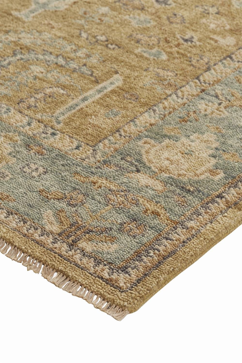 4' X 6' Gold Blue And Gray Wool Floral Hand Knotted Stain Resistant Area Rug With Fringe