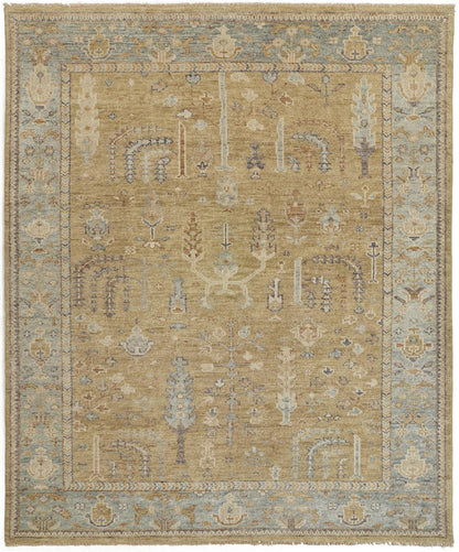 4' X 6' Gold Blue And Gray Wool Floral Hand Knotted Stain Resistant Area Rug With Fringe
