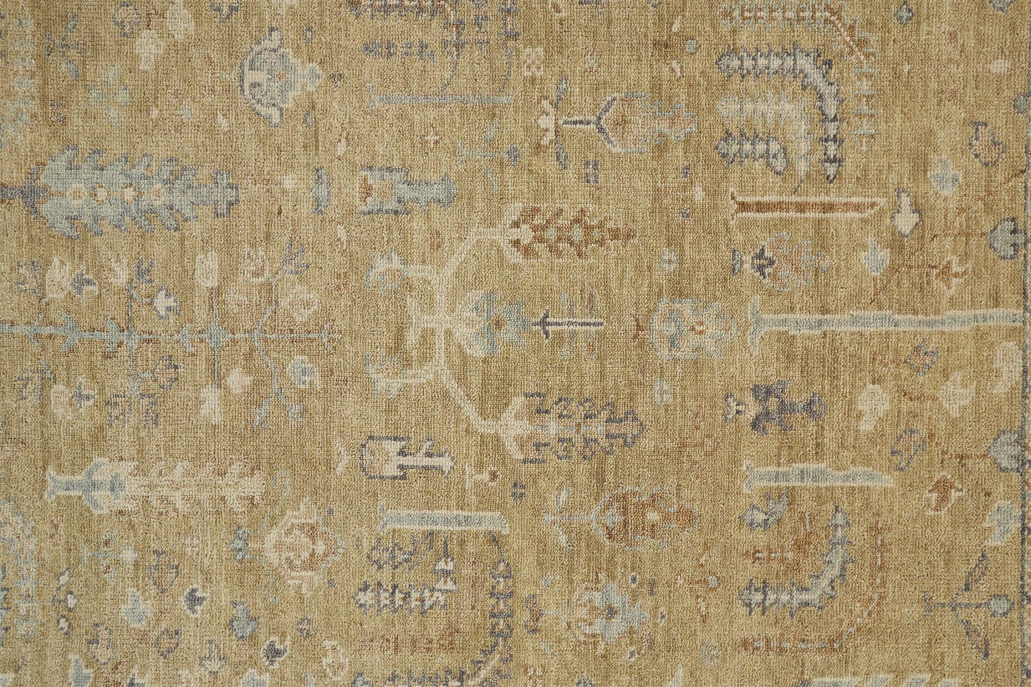 4' X 6' Gold Blue And Gray Wool Floral Hand Knotted Stain Resistant Area Rug With Fringe