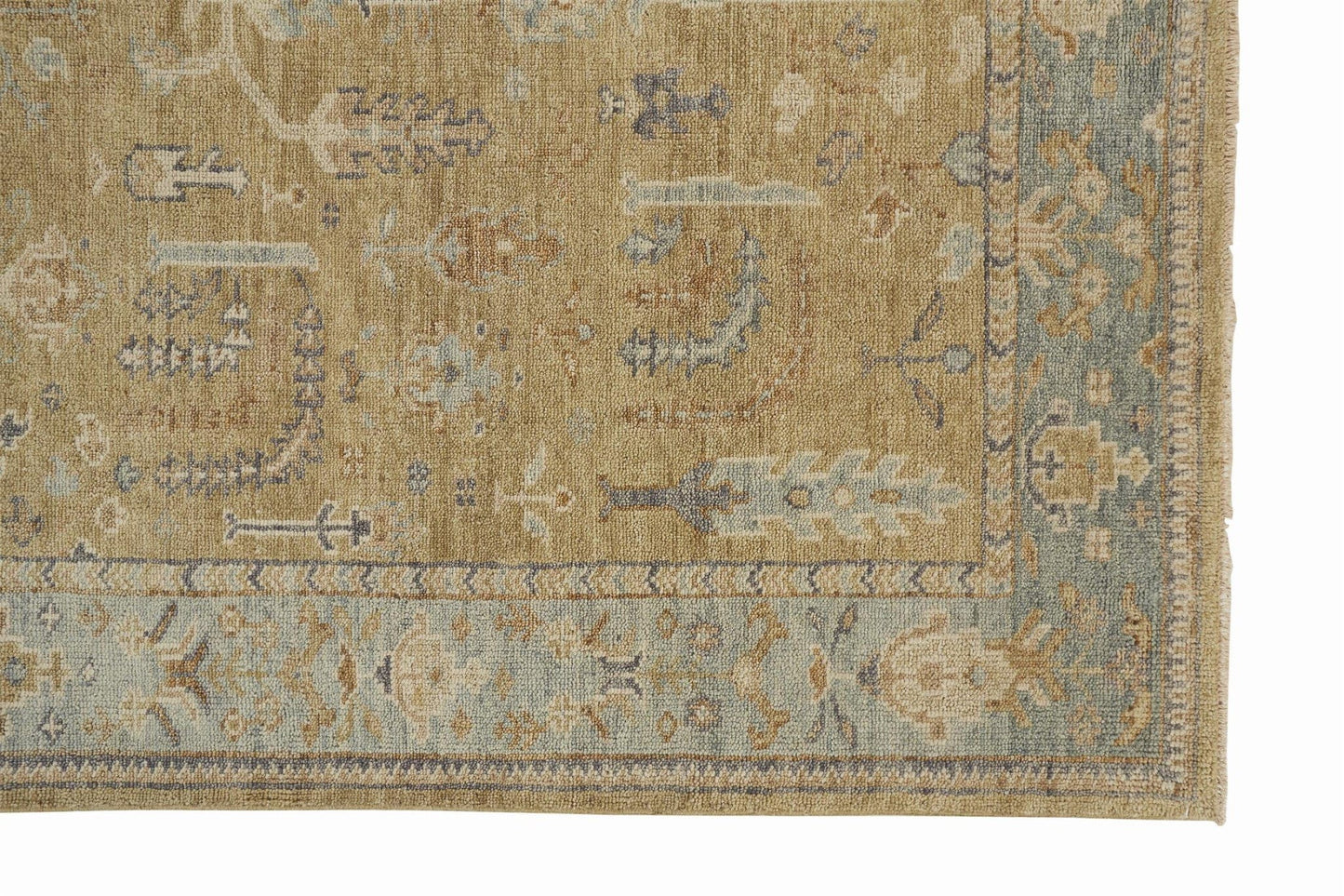 4' X 6' Gold Blue And Gray Wool Floral Hand Knotted Stain Resistant Area Rug With Fringe