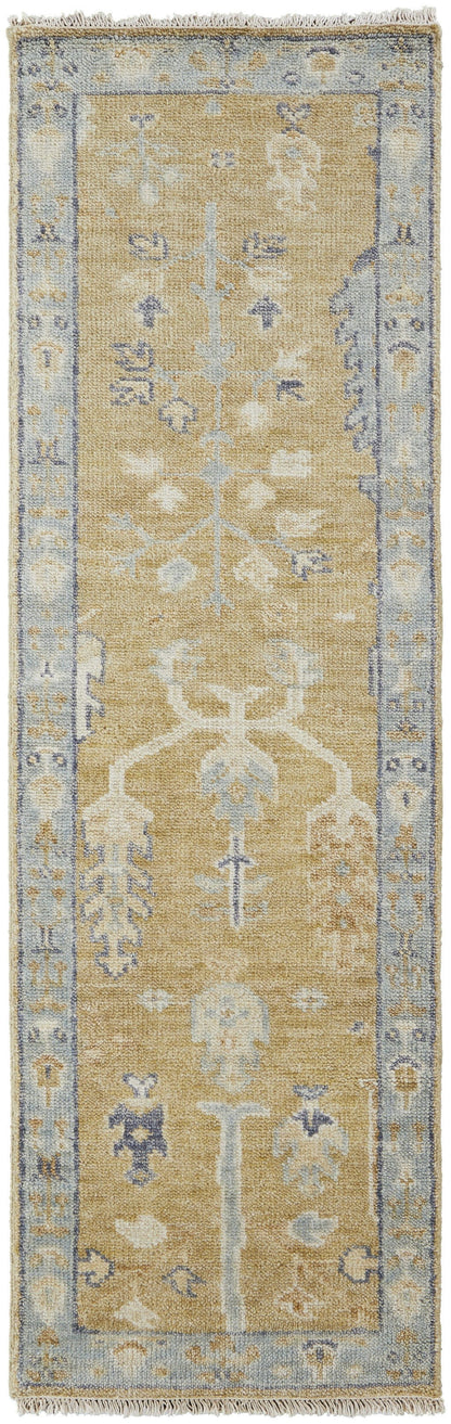 4' X 6' Gold Blue And Gray Wool Floral Hand Knotted Stain Resistant Area Rug With Fringe