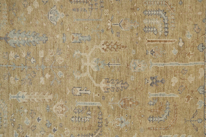 4' X 6' Gold Blue And Gray Wool Floral Hand Knotted Stain Resistant Area Rug With Fringe