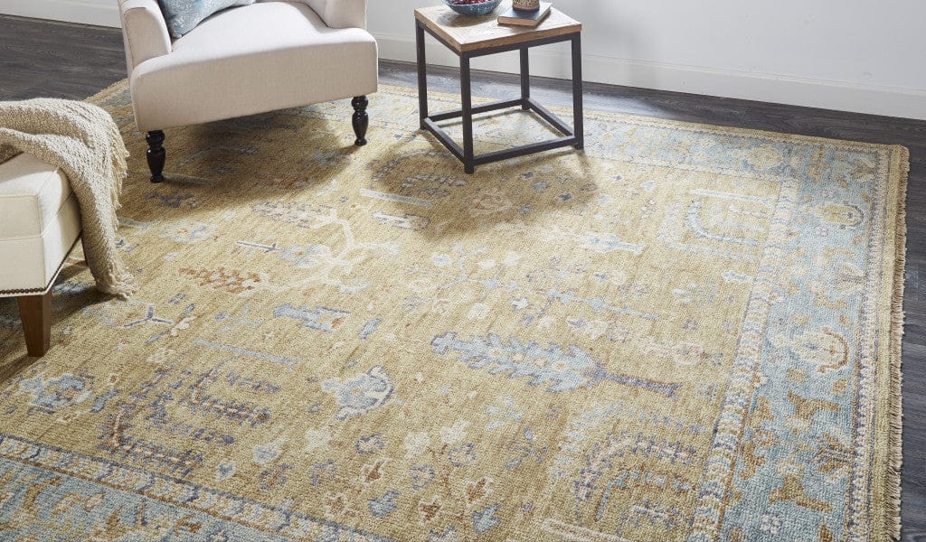 4' X 6' Gold Blue And Gray Wool Floral Hand Knotted Stain Resistant Area Rug With Fringe