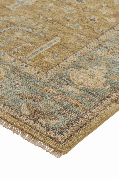 4' X 6' Gold Blue And Gray Wool Floral Hand Knotted Stain Resistant Area Rug With Fringe