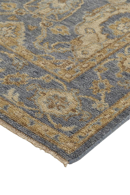 4' X 6' Blue Gold And Tan Wool Floral Hand Knotted Stain Resistant Area Rug With Fringe