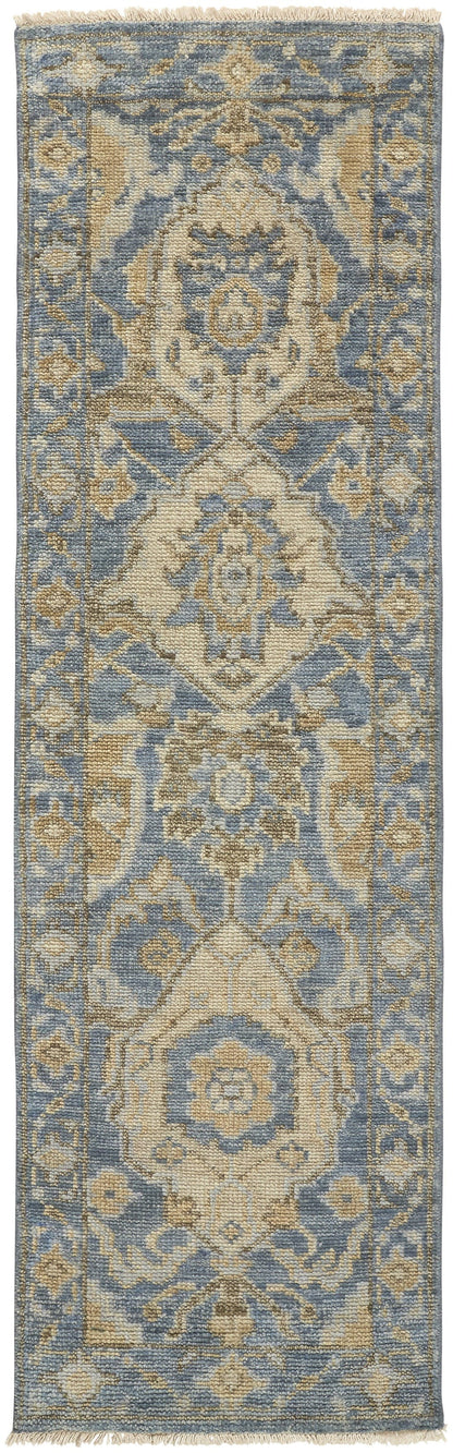 4' X 6' Blue Gold And Tan Wool Floral Hand Knotted Stain Resistant Area Rug With Fringe
