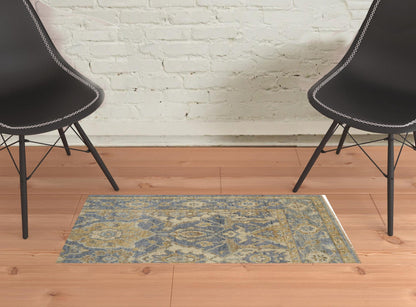 4' X 6' Blue Gold And Tan Wool Floral Hand Knotted Stain Resistant Area Rug With Fringe