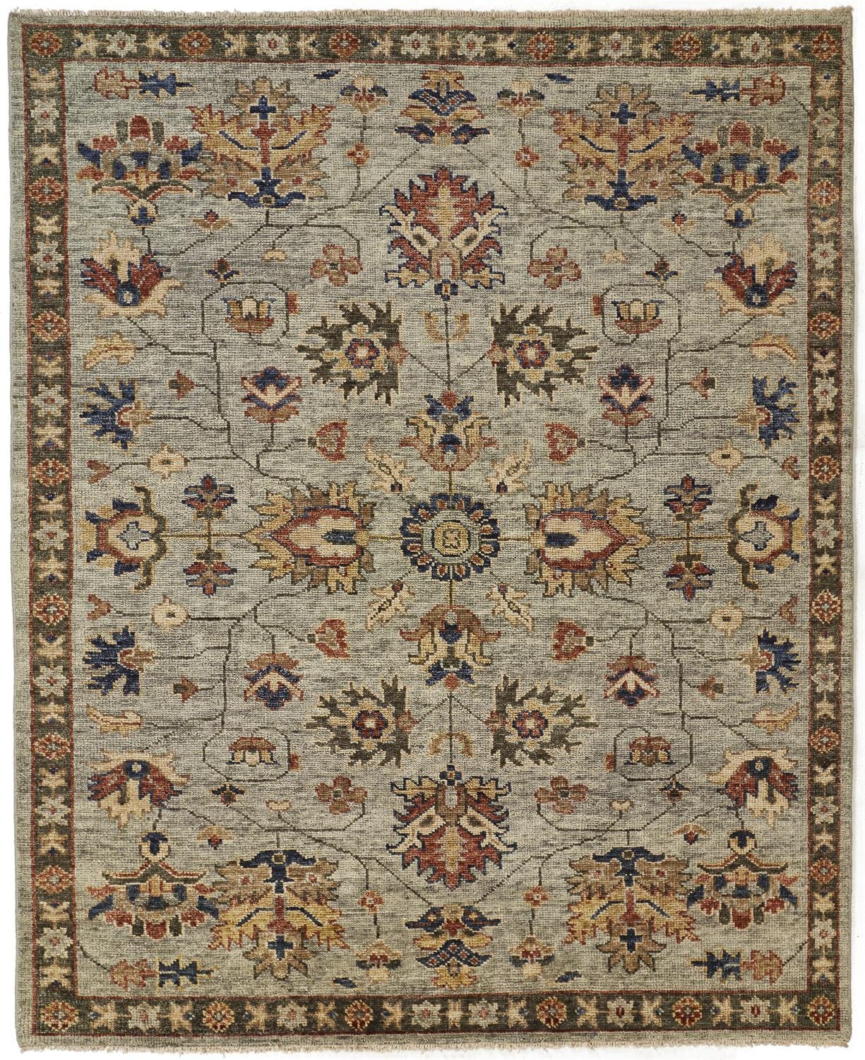 12' X 15' Gray Gold And Red Wool Floral Hand Knotted Stain Resistant Area Rug With Fringe