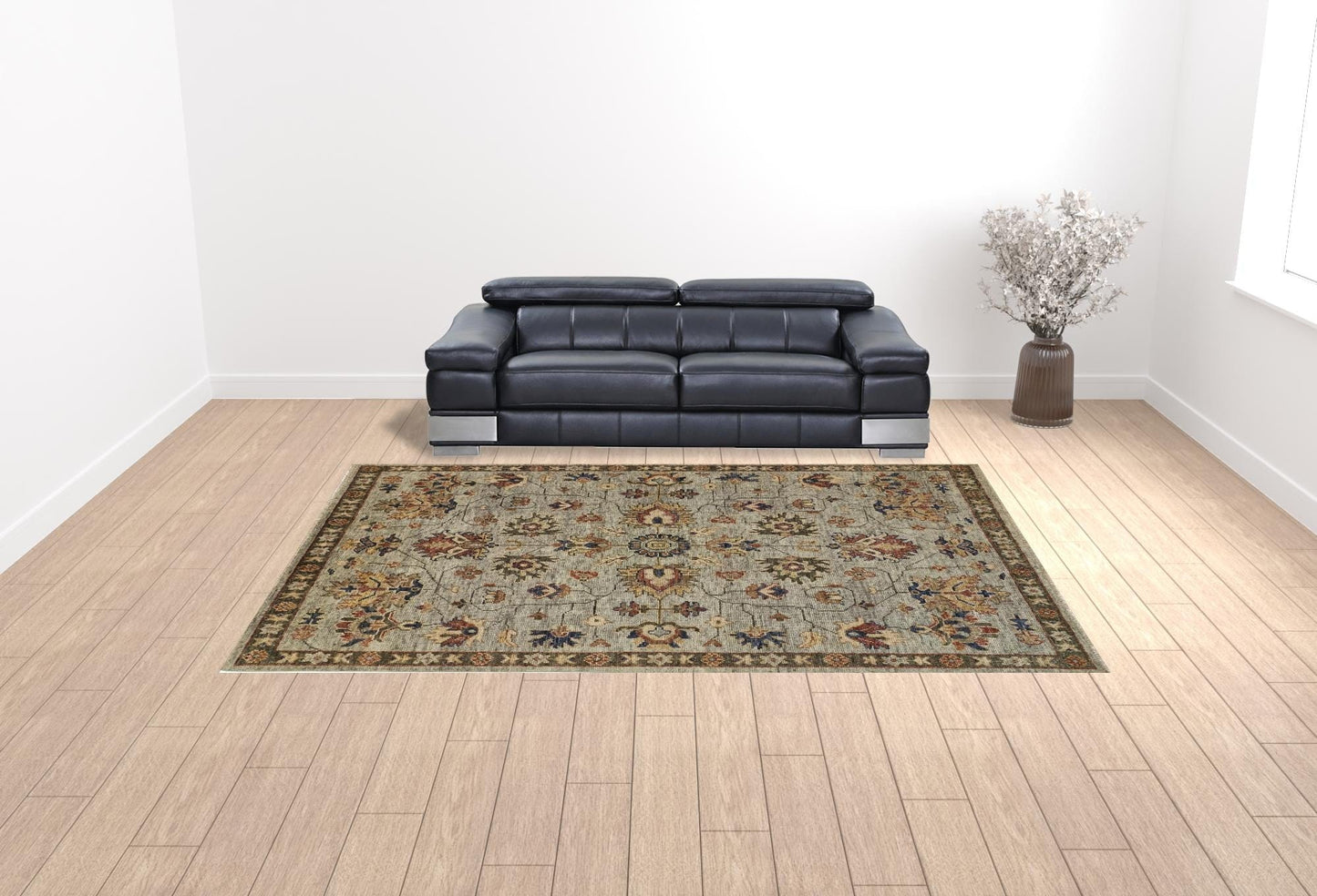 12' X 15' Gray Gold And Red Wool Floral Hand Knotted Stain Resistant Area Rug With Fringe