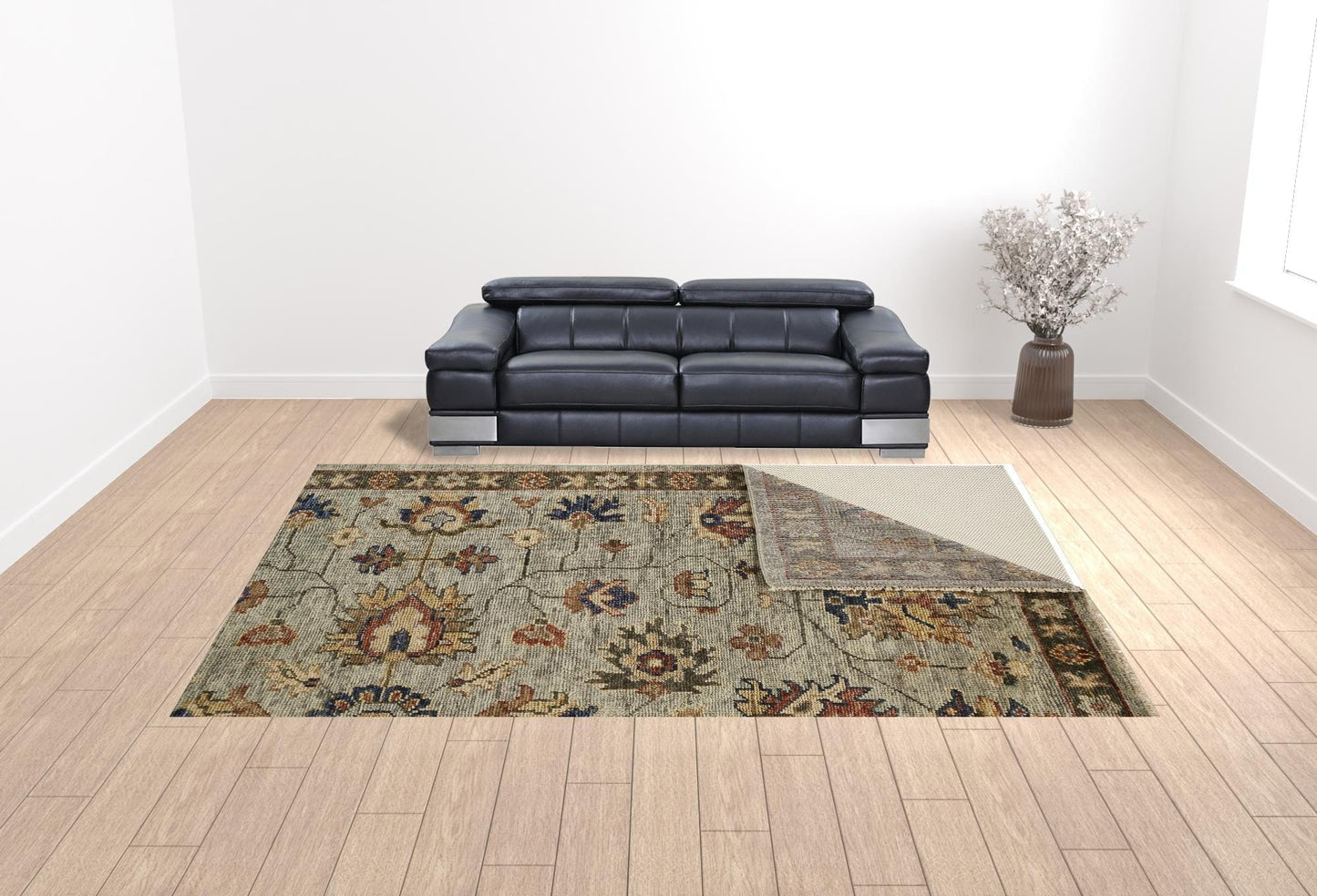 12' X 15' Gray Gold And Red Wool Floral Hand Knotted Stain Resistant Area Rug With Fringe