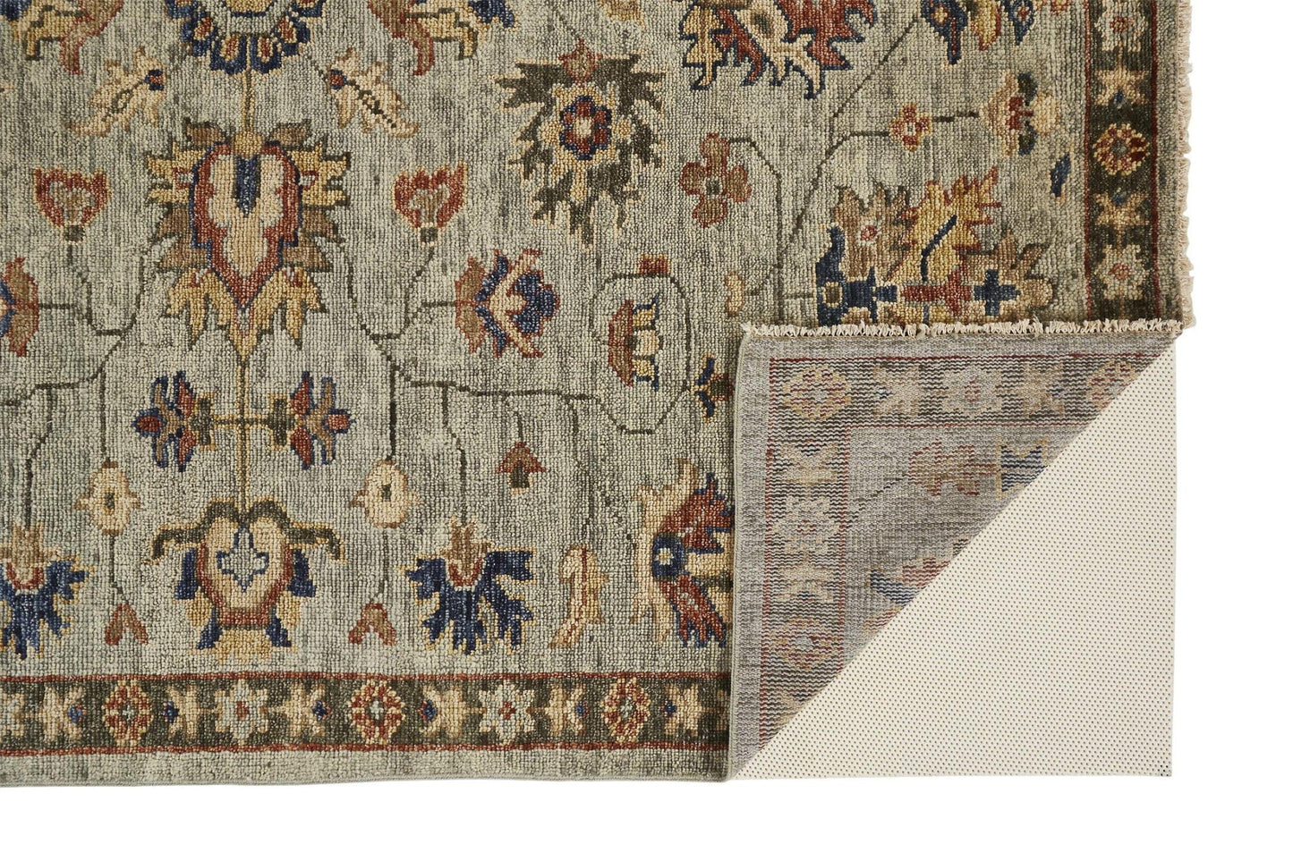 12' X 15' Gray Gold And Red Wool Floral Hand Knotted Stain Resistant Area Rug With Fringe