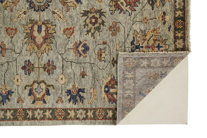 12' X 15' Gray Gold And Red Wool Floral Hand Knotted Stain Resistant Area Rug With Fringe