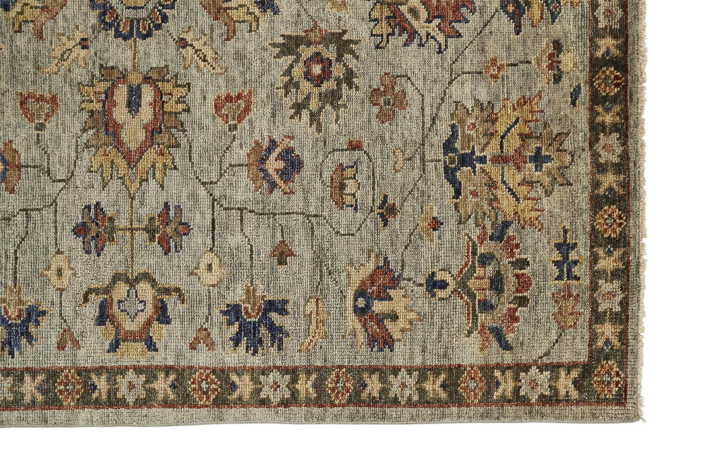 12' X 15' Gray Gold And Red Wool Floral Hand Knotted Stain Resistant Area Rug With Fringe