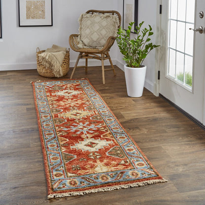 4' X 6' Red Blue And Orange Wool Floral Hand Knotted Stain Resistant Area Rug With Fringe