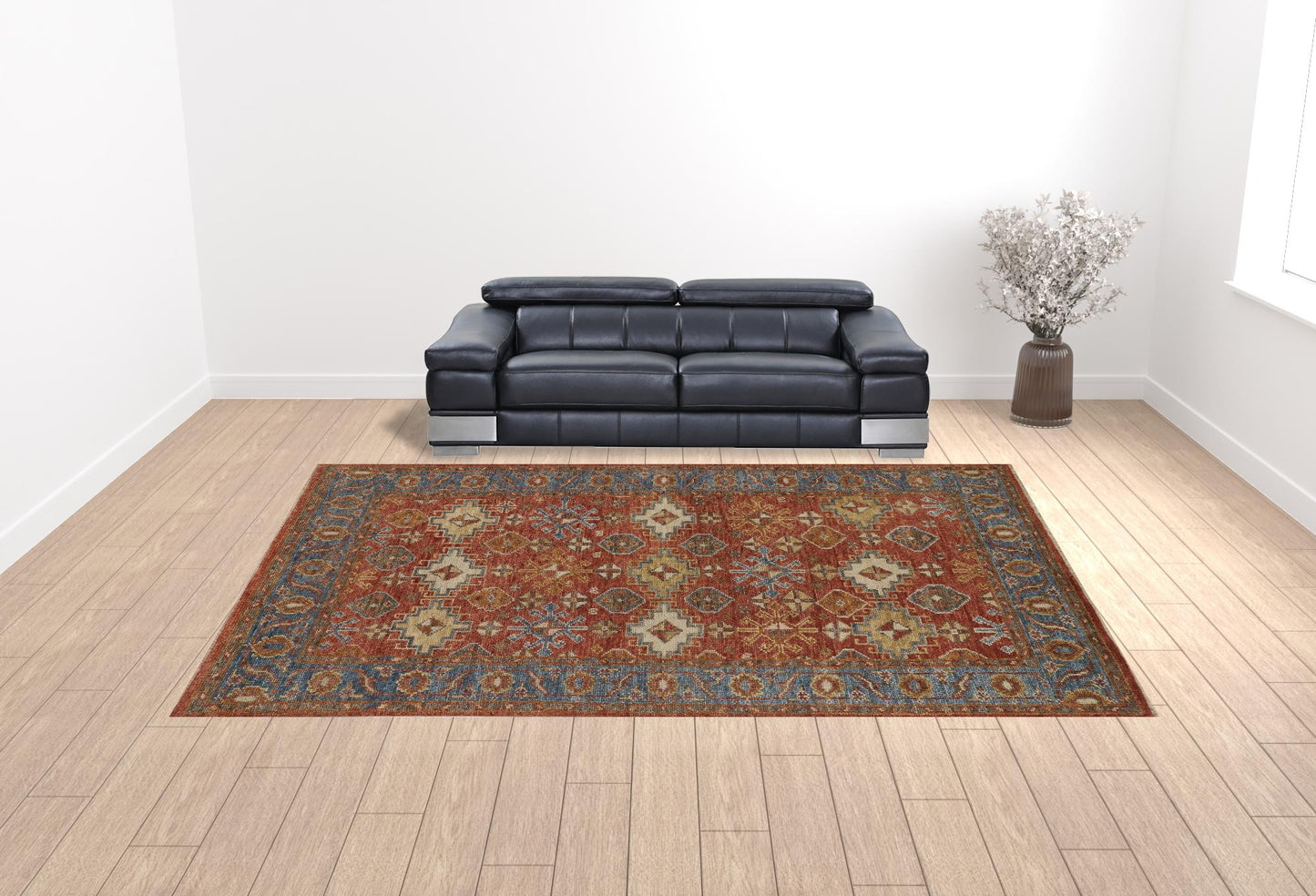 4' X 6' Red Blue And Orange Wool Floral Hand Knotted Stain Resistant Area Rug With Fringe